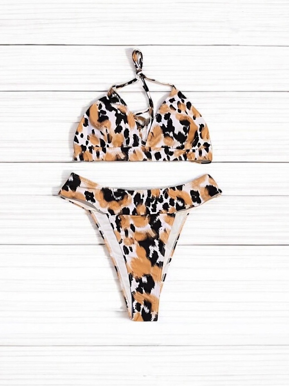 NEW Leopard Print Halter Bikini Set, High Cut Animal Print Swim Set Women Size L